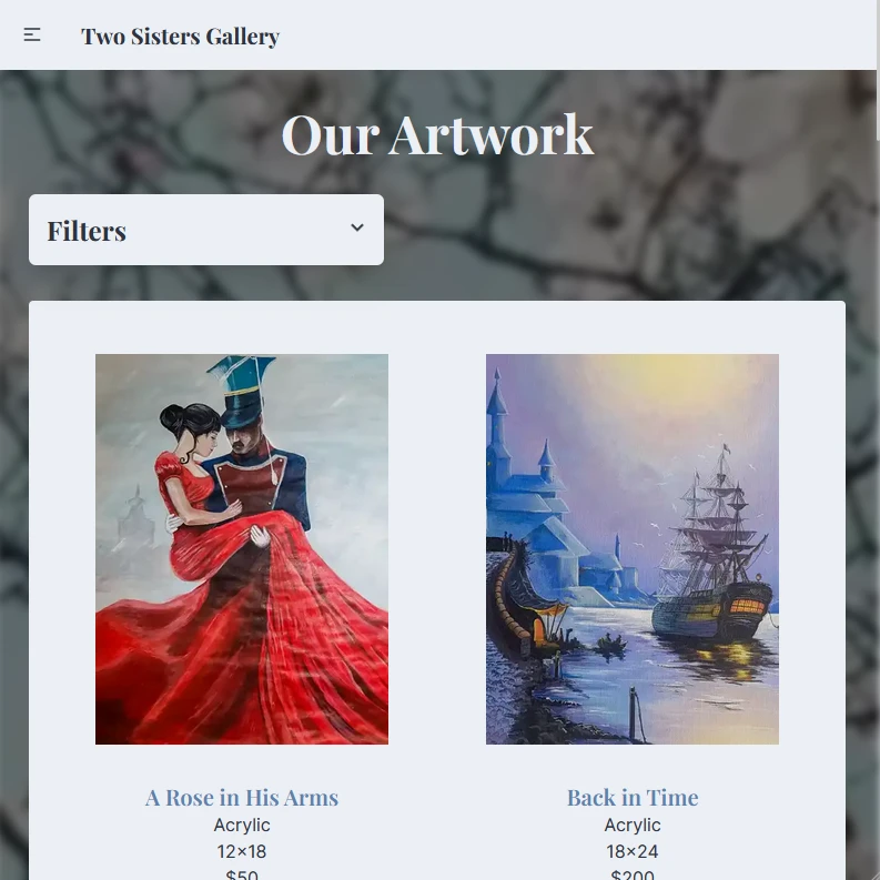 Landing page for Two Sisters Art Gallery